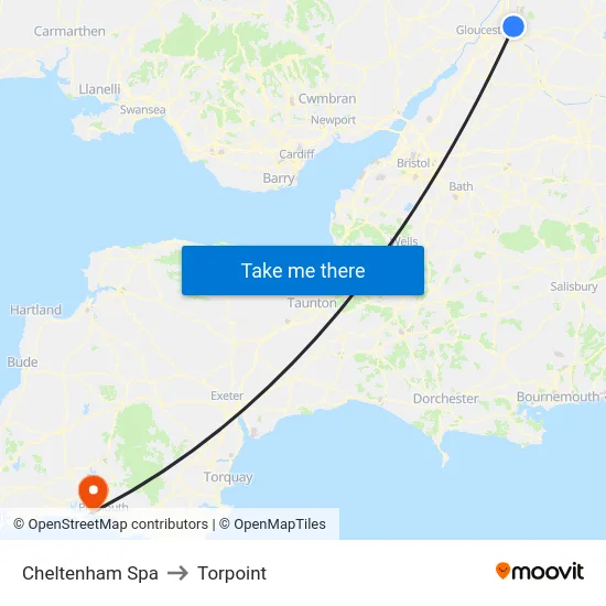 Cheltenham Spa to Torpoint map