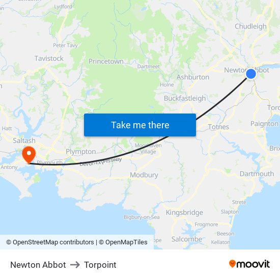 Newton Abbot to Torpoint map