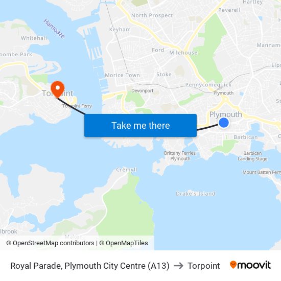 Royal Parade A13, Plymouth City Centre (A13) to Torpoint map