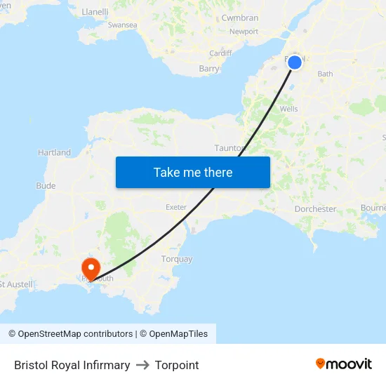 Bristol Royal Infirmary to Torpoint map