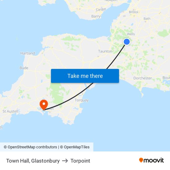 Town Hall, Glastonbury to Torpoint map