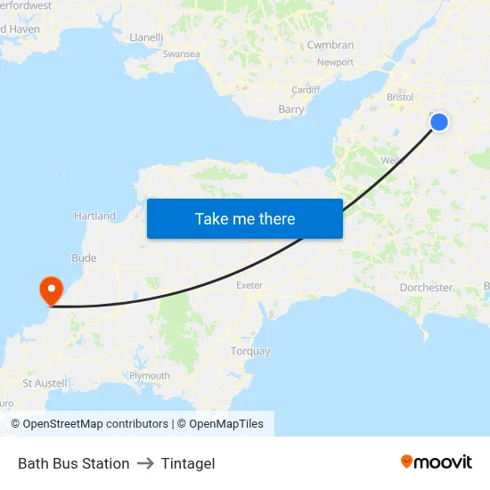 Bath Bus Station to Tintagel map