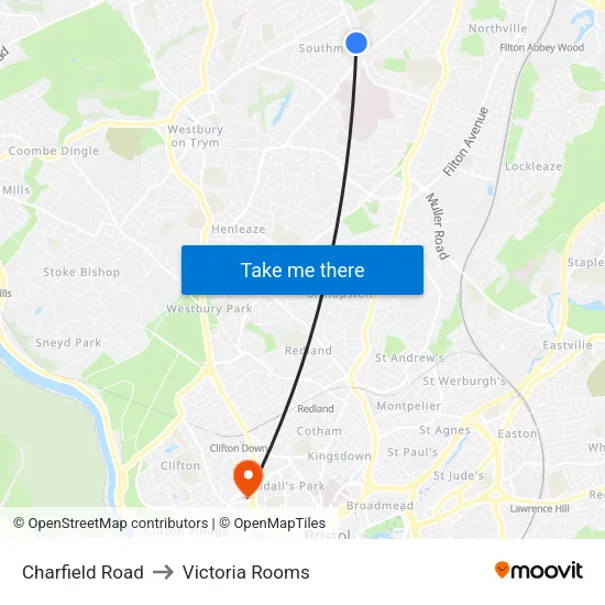 Charfield Road to Victoria Rooms map