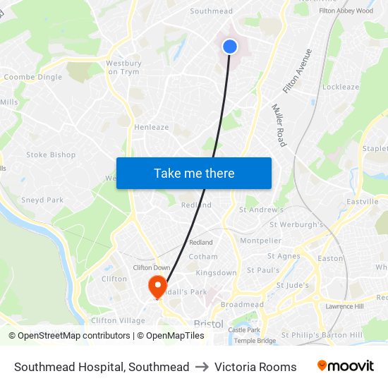 Southmead Hospital, Southmead to Victoria Rooms map