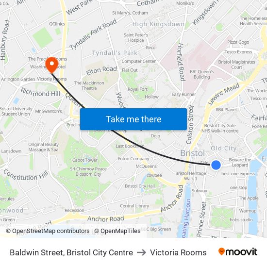 Baldwin Street, Bristol City Centre to Victoria Rooms map