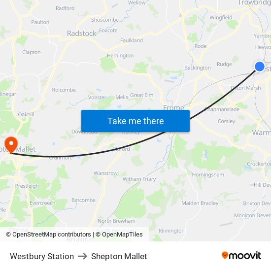 Westbury Station to Shepton Mallet map