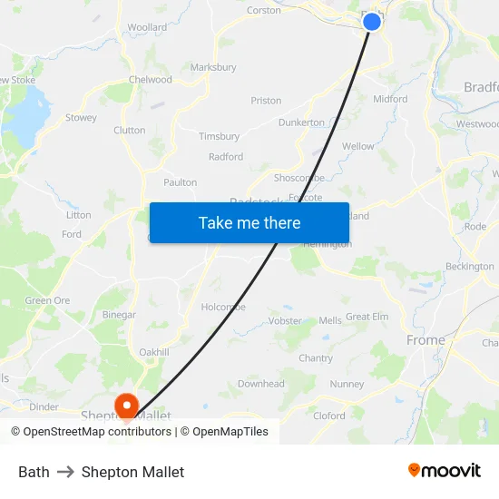 Bath to Shepton Mallet map
