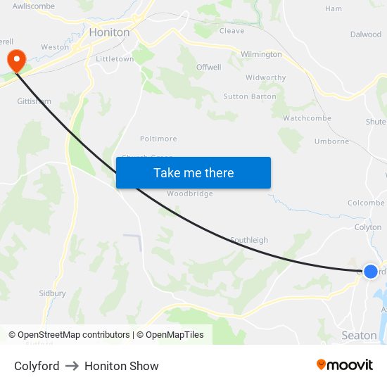 Colyford to Honiton Show map