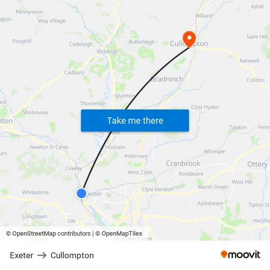 Exeter to Cullompton map