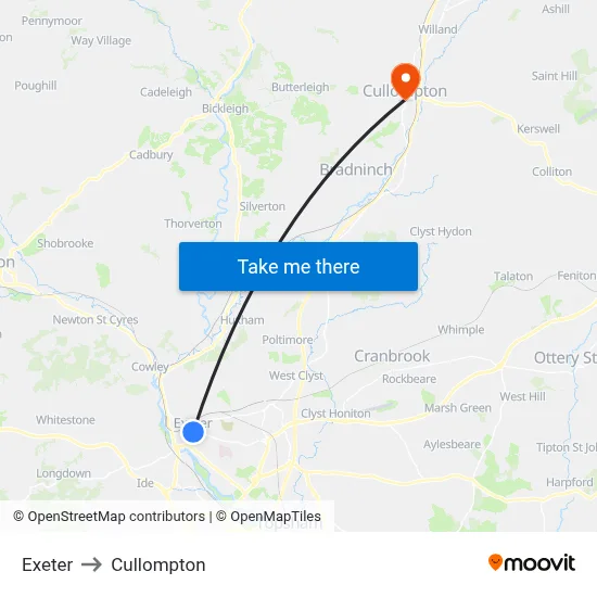 Exeter to Cullompton map