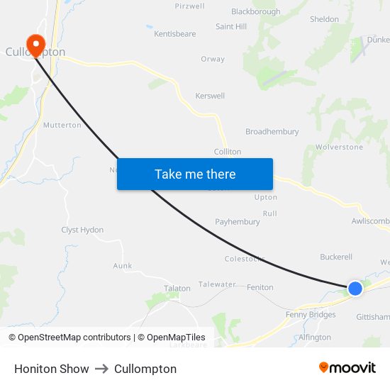 Honiton Show to Cullompton map