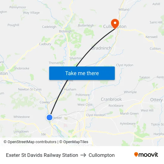Exeter St Davids Railway Station to Cullompton map