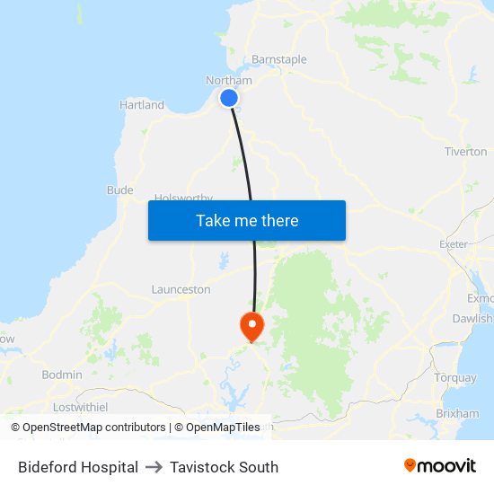 Bideford Hospital to Tavistock South map