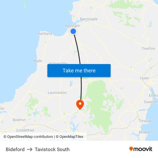 Bideford to Tavistock South map