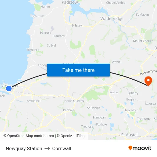 Newquay Station to Cornwall map
