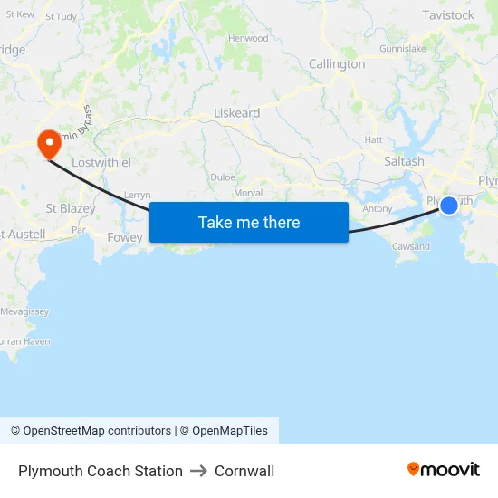 Plymouth Coach Station to Cornwall map