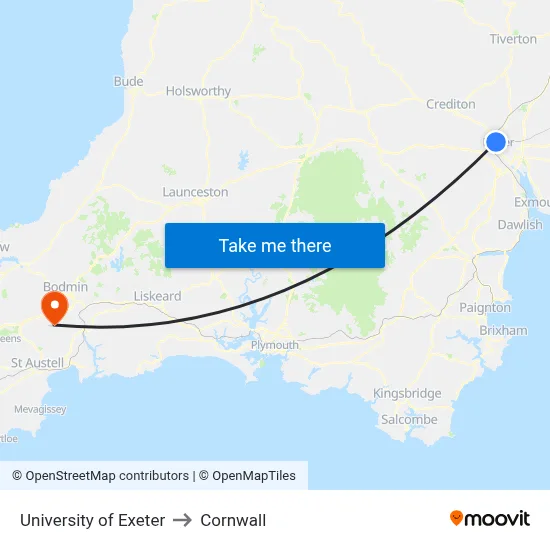 University of Exeter to Cornwall map