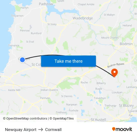 Newquay Airport to Cornwall map