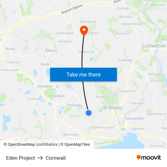 Eden Project to Cornwall map