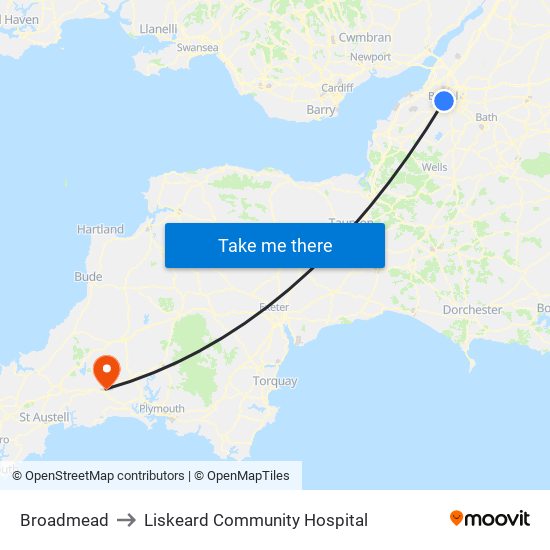 Broadmead to Liskeard Community Hospital map