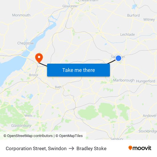 Corporation Street, Swindon to Bradley Stoke map