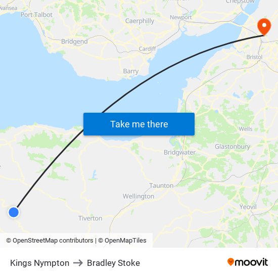 Kings Nympton to Bradley Stoke map