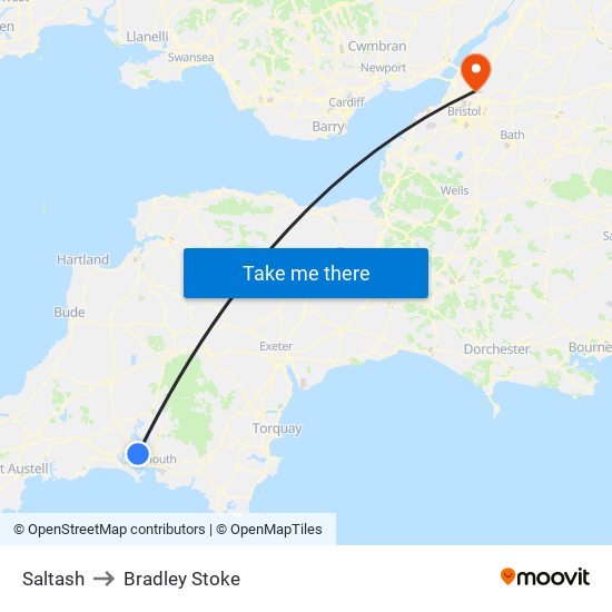 Saltash to Bradley Stoke map