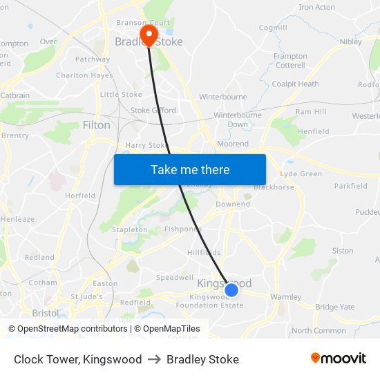 Clock Tower, Kingswood to Bradley Stoke map