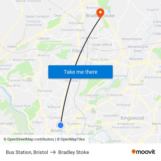 Bus Station, Bristol to Bradley Stoke map