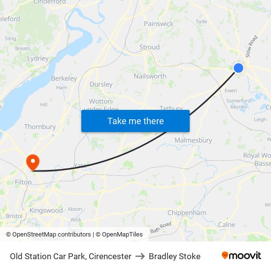 Old Station Car Park, Cirencester to Bradley Stoke map