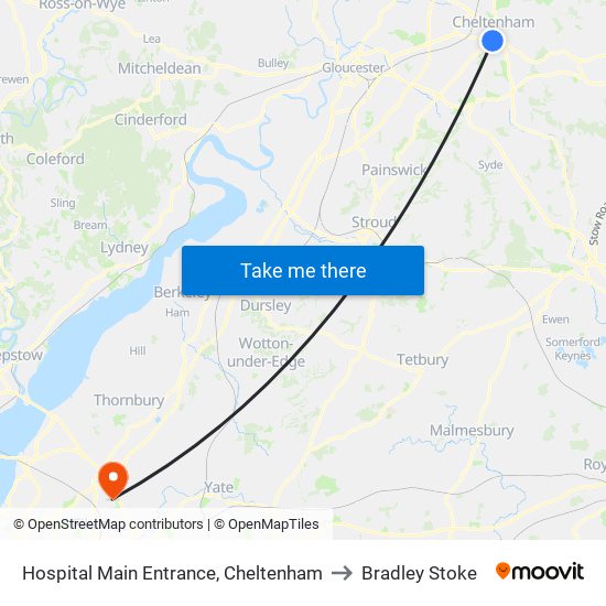 Hospital Main Entrance, Cheltenham to Bradley Stoke map