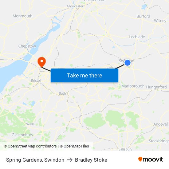 Spring Gardens, Swindon to Bradley Stoke map