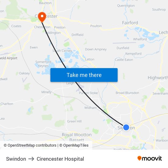 Swindon to Cirencester Hospital map