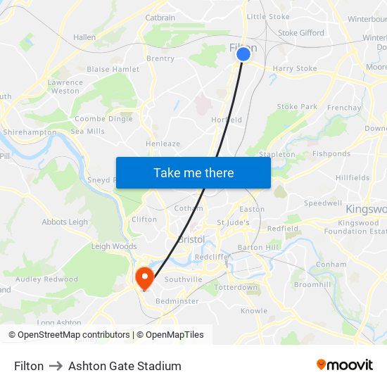 Filton to Ashton Gate Stadium map