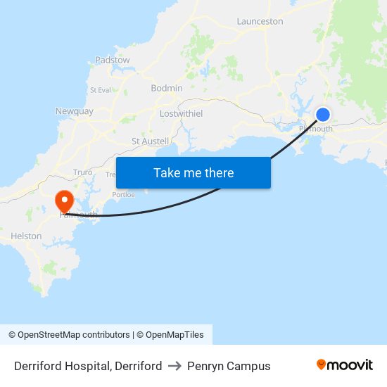 Derriford Hospital, Derriford to Penryn Campus map