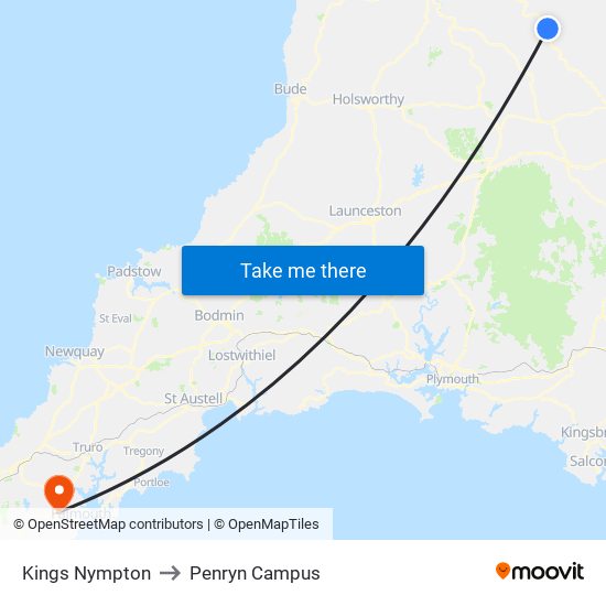 Kings Nympton to Penryn Campus map