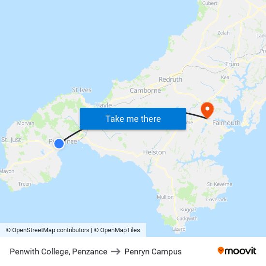 Penwith College, Penzance to Penryn Campus map