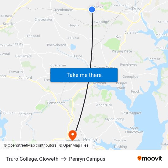 Truro College, Gloweth to Penryn Campus map