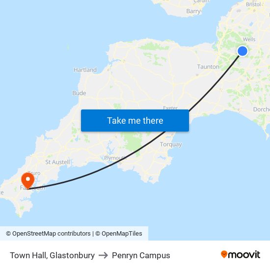 Town Hall, Glastonbury to Penryn Campus map