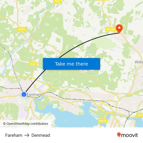 Fareham to Denmead map