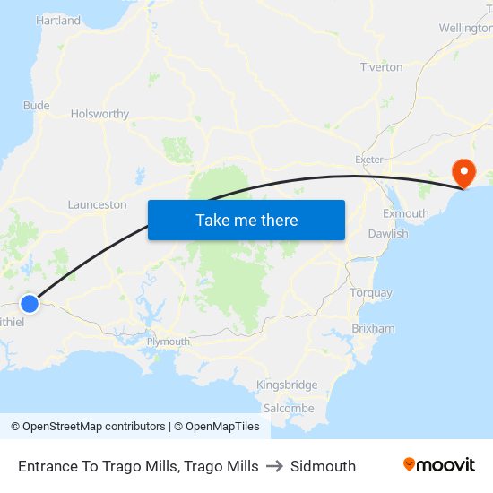 Entrance To Trago Mills, Trago Mills to Sidmouth map