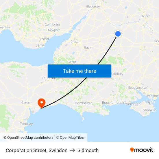 Corporation Street, Swindon to Sidmouth map