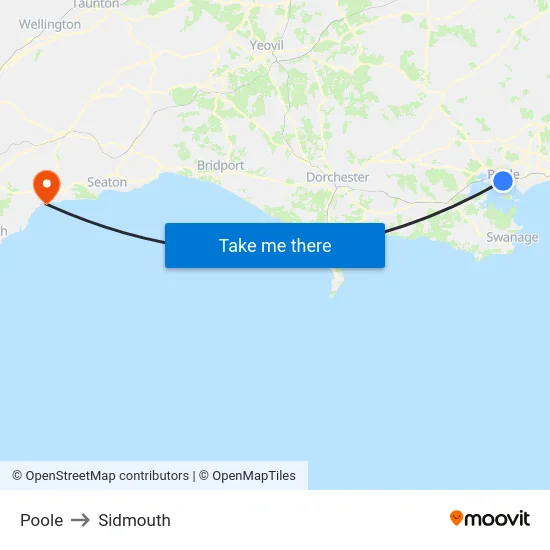 Poole to Sidmouth map