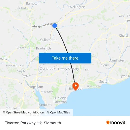 Tiverton Parkway to Sidmouth map