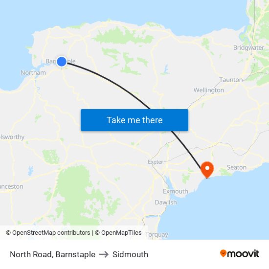 North Road, Barnstaple to Sidmouth map