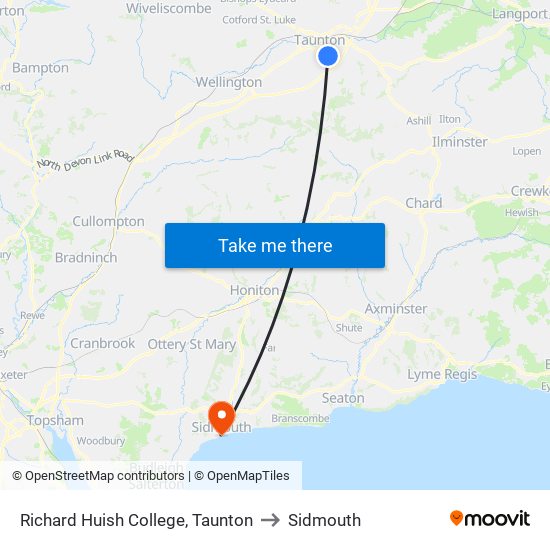 Richard Huish College, Taunton to Sidmouth map