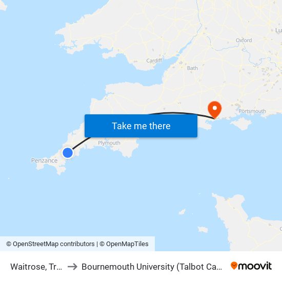 Waitrose, Truro to Bournemouth University (Talbot Campus) map