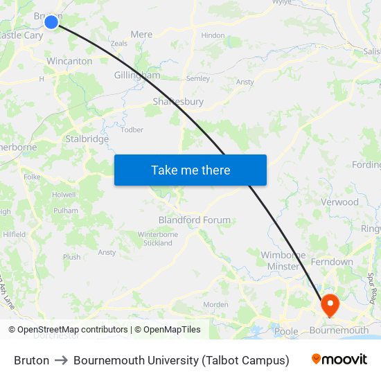 Bruton to Bournemouth University (Talbot Campus) map