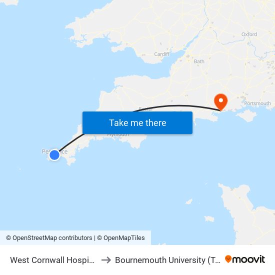 West Cornwall Hospital, Penzance to Bournemouth University (Talbot Campus) map