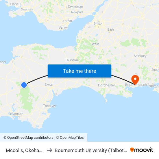 Mccolls, Okehampton to Bournemouth University (Talbot Campus) map